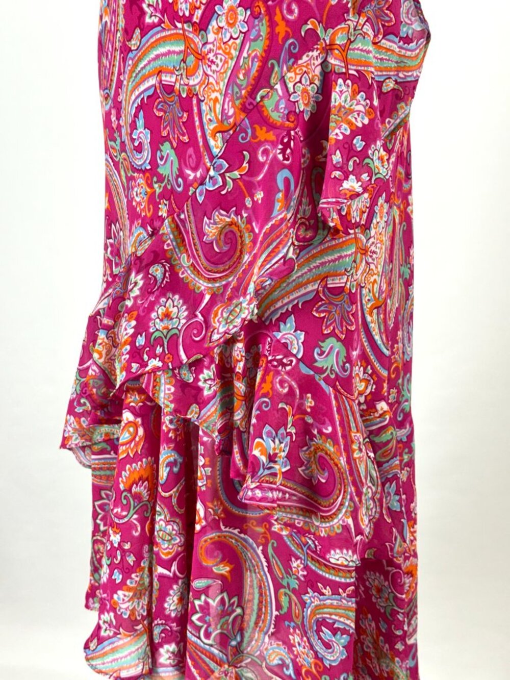 Chaps Y2K Hot Pink Paisley Floral Asymmetrical Ruffle Midi Skirt Elastic Waist - Picture 5 of 9